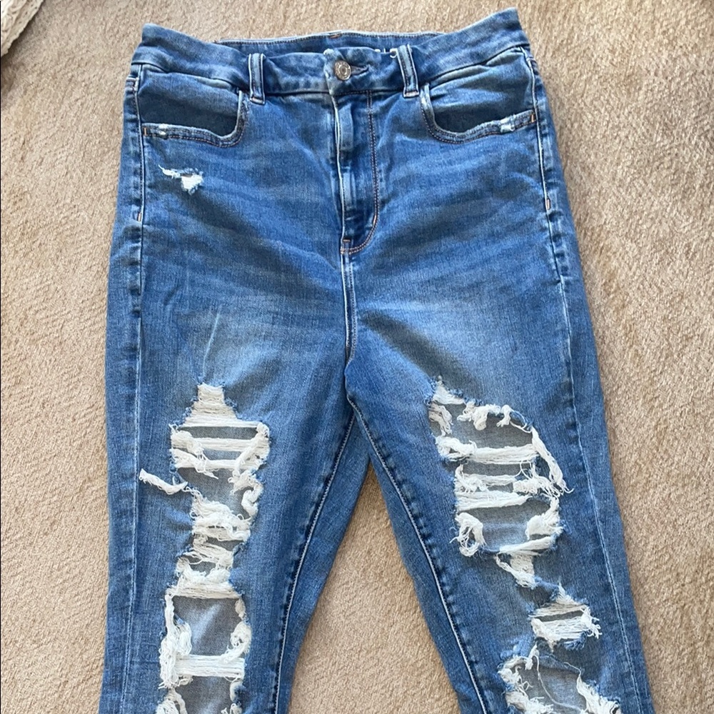 American Eagle Outfitters Blue Ankle Cropped Jeans with Distressing and Slim Fit